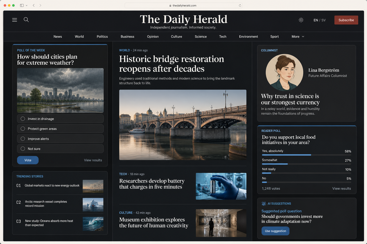 Fictional Aeon News product mockup showing weekly poll, reader poll, columnist presentation, and AI suggestions