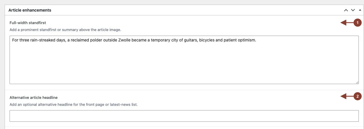 Article enhancements panel showing the full-width standfirst and alternative article headline.