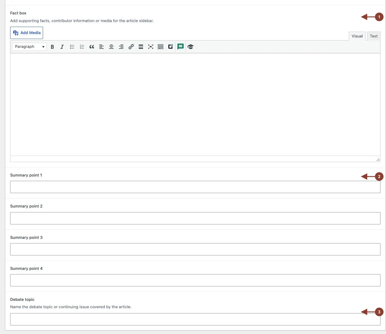 Article enhancements panel showing fact box, summary points and debate topic controls.