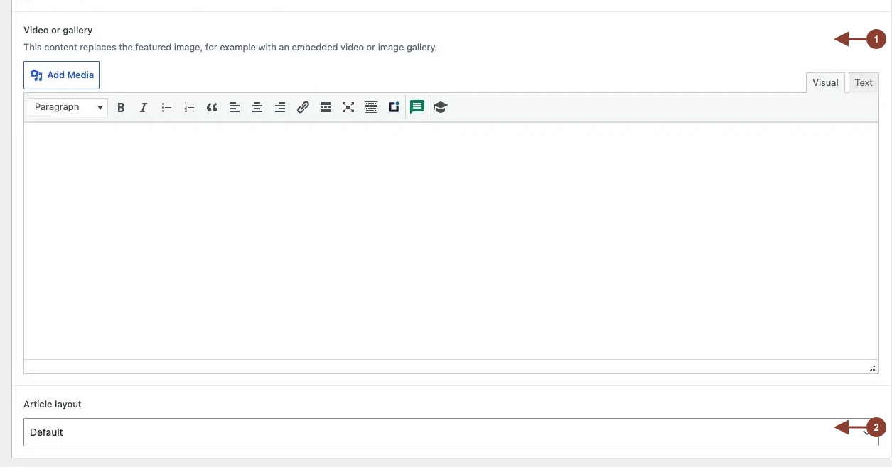 Video or gallery editor and article layout selector in the Aeon News backend.