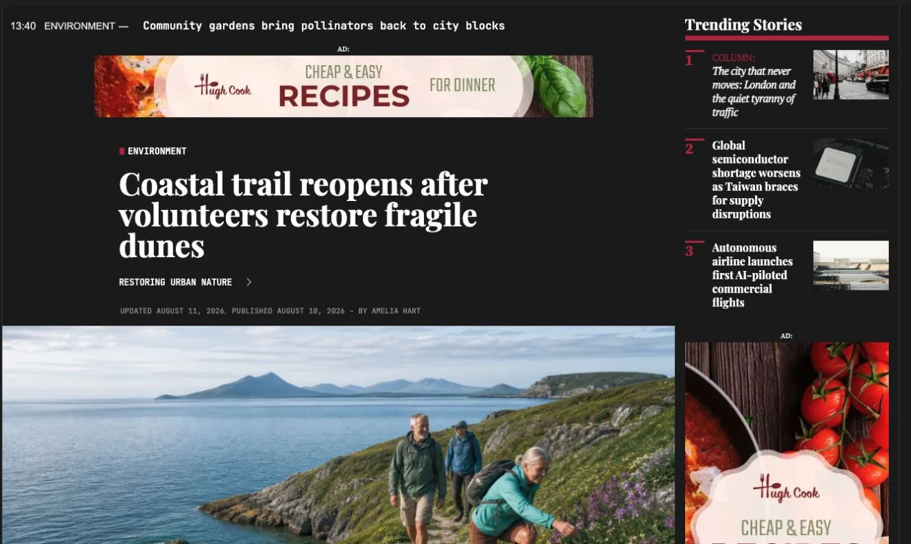 Article view on Aeon News Demo with category, topic, metadata, lead image and sidebar.