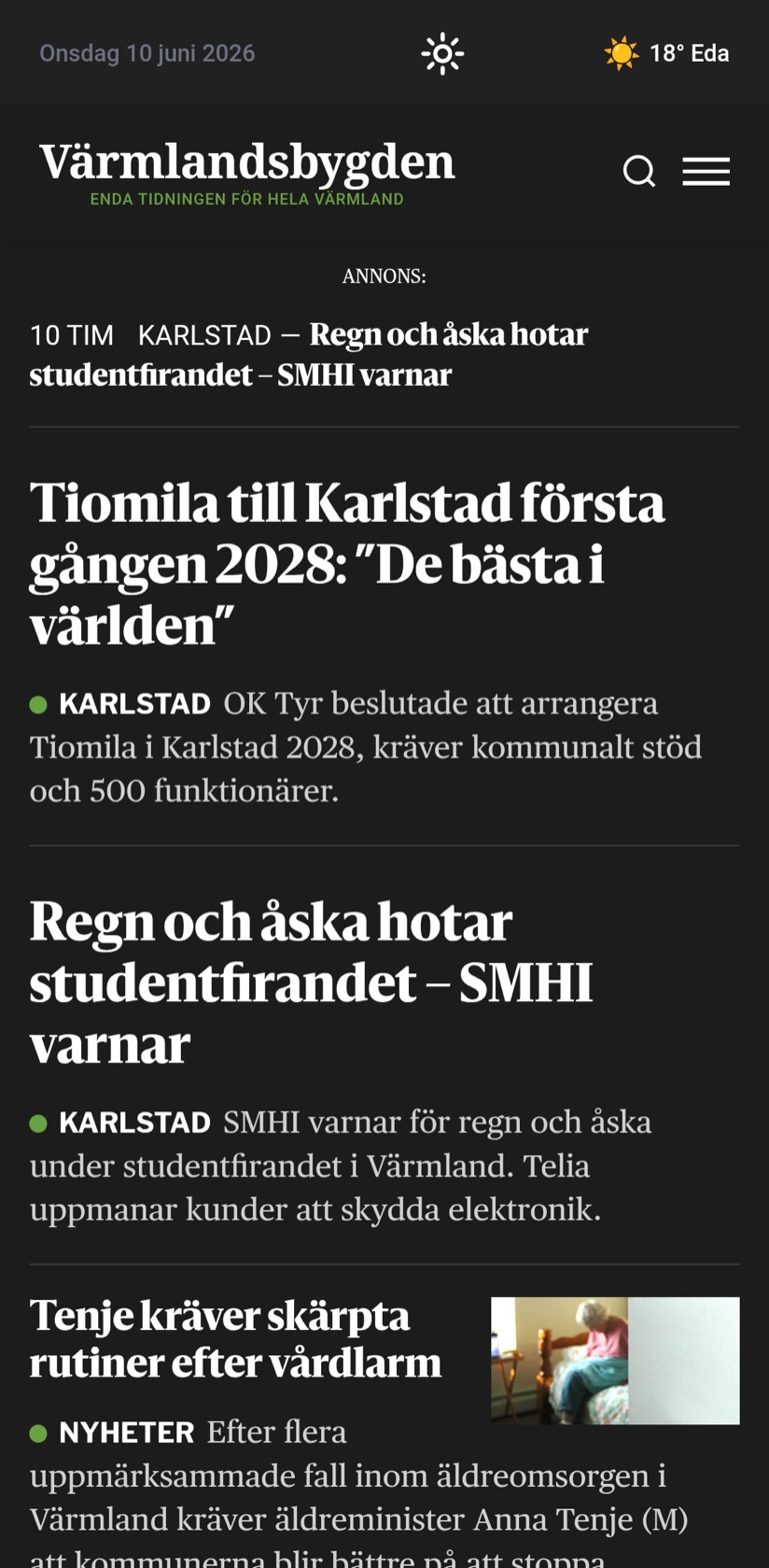Värmlandsbygden's mobile front page in dark mode, running on Aeon News
